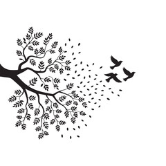 Silhouette of birds in flight and perched on a tree with leaves against a white background. Vector Illustration 