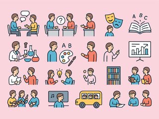 Cartoon social network concept with a fun group of diverse people and student icons, including students classroom activities.