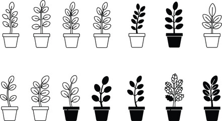 Botanical plant icon set, black and outline potted foliage, floral silhouette vector, indoor greenery, leaf shape collection, nature illustration design
