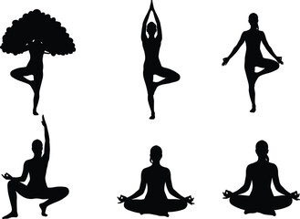 Fototapeta premium Yoga silhouette, tree pose, meditation vector, wellness icon, spiritual balance, fitness art, calm design, nature inspired