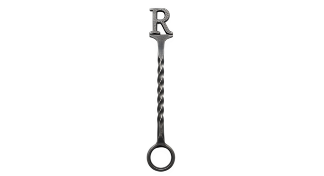 Vintage cocktail stirrer with letter r, a decorative bar accessory for mixing drinks, isolated on transparent background for clear product visualization