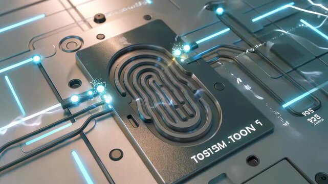 Abstract digital artwork featuring a fingerprint design on a circuit board with glowing elements