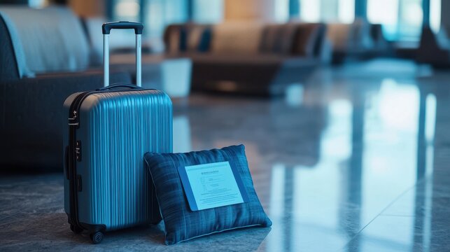 oncept with a modern suitcase standing upright next to a business-class boarding pass and a designer travel pillow, positioned in a luxury airport lounge, blur background,