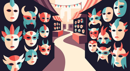 A vibrant collection of decorative masks, each with unique designs and colors, displayed prominently.