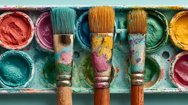 Four paintbrushes and a watercolor paint palette.