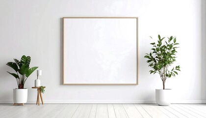 Minimalist room with blank canvas, plants, and subtle light