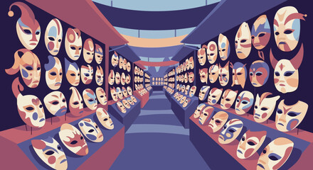 A vibrant display of Venetian carnival masks in a shop.