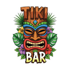 Tiki Bar Vector Illustration with Tribal Mask and Tropical Floral Elements in Vibrant Colors