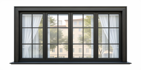 Modern Black-Framed Floor-to-Ceiling Window with White Sheer Curtains
Minimalist Glass Wall Window with Outdoor View and Natural Light