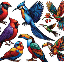 Obraz premium Set of colorful birds seamless pattern illustration