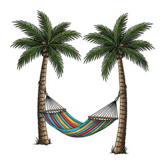 Vector Illustration of Two Palm Trees with Colorful Hammock in Modern Tropical Style