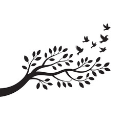 Nature Vector Illustration of Branch and Bird Silhouettes