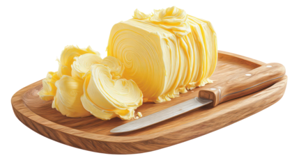 A block of butter with a knife on a wooden board isolated on transparent background
