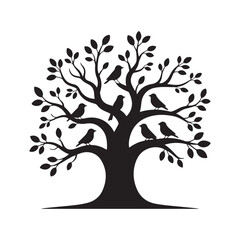 Tree Silhouette with Birds Sitting on Branches