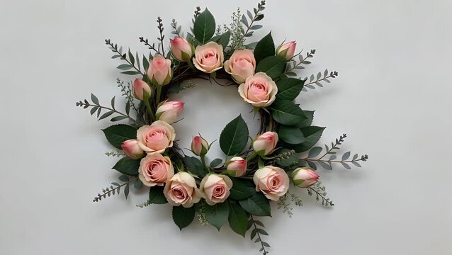 circular arrangement of light blush colored rose blooms, unopened flowers and foliage photographed from directly above