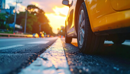 車 タクシー 黄色 タイヤ ホイール アスファルト 道路 車線 黄色い線 夕日 夕暮れ 都市 ビル 運転 交通 移動 光 反射 まぶしい 街並み
