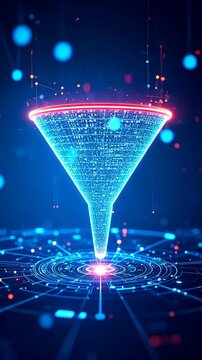Abstract Digital Funnel Filtering Data with Glowing Particles and Technological Network