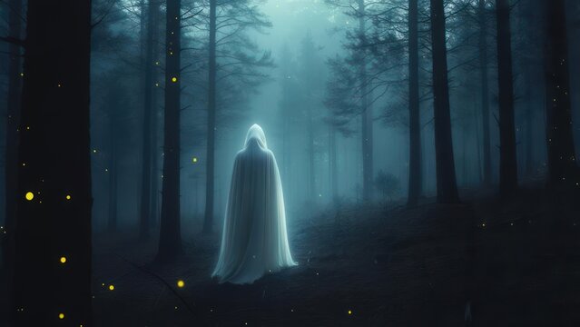 Ethereal spirit wandering through a mystical moonlit woodland at night.