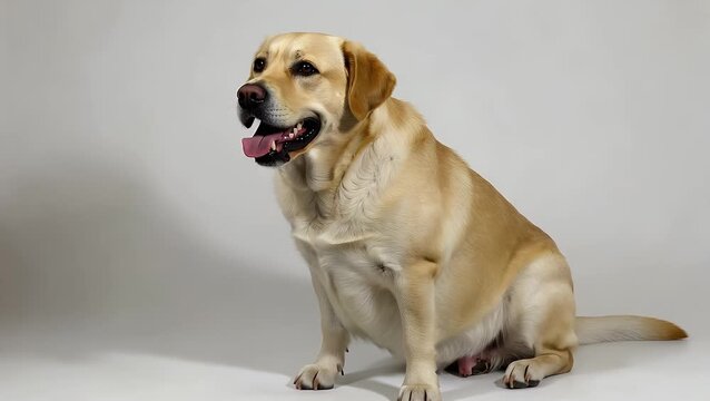 overweight yellow Labrador dog breathing heavily with its tongue out while positioned on plain white surface
