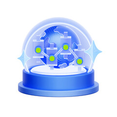 3D icon of a crystal ball showing a globe and stock charts For global economic forecast, international market prediction, financial outlook, investment foresight.