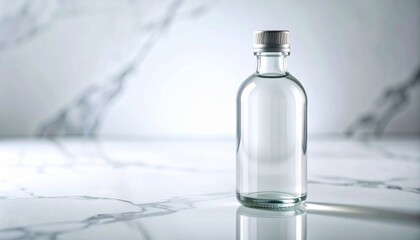 Elegant Glass Bottle with Silver Cap on a White Marble Surface, Minimalist Still Life with Shiny Reflections