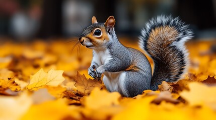 Gray squirrel amidst autumn leaves