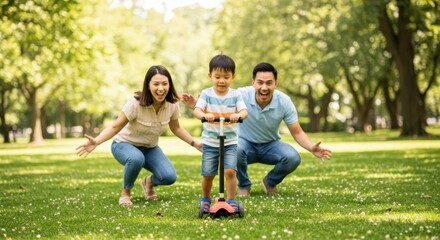 Fototapeta premium Family fun day park candid green space low angle outdoor play
