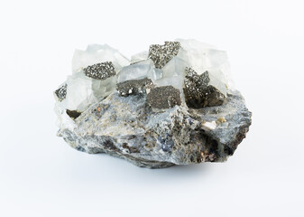 Cubic fluorite crystal cluster with metallic pyrite inclusions, a natural mineral specimen from Russia shown on a clean white background.