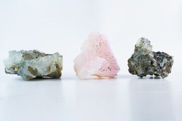 Pink calcite with fluorite crystals, pyrite inclusions, and galena lead glance, natural mineral...