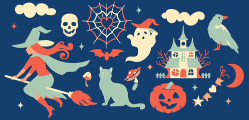 Halloween sticker set with castle, crow, pumpkins, witch, bats, cats, spiderwebs and ghosts. Playful retro design for scrap booking, kids crafts, stationery and seasonal decor.