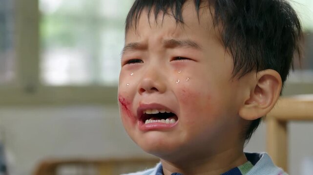 arafed child with a bleeding face and a blue shirt