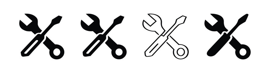 Vector art of collection of wrench and screwdriver icons in various styles, representing repair, maintenance, and technical work 
