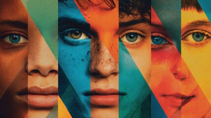Fototapeta na wymiar Diverse Group of Young People With Unique Features and Colorful Background Displaying Different Emotions in a Creative Art Representation