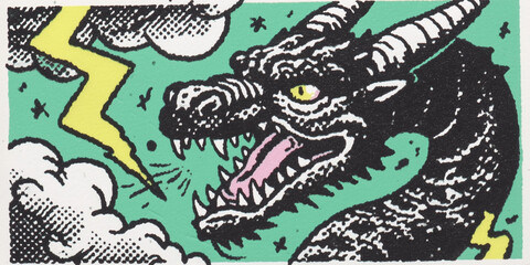 Retro Comic Style Dragon with Lightning