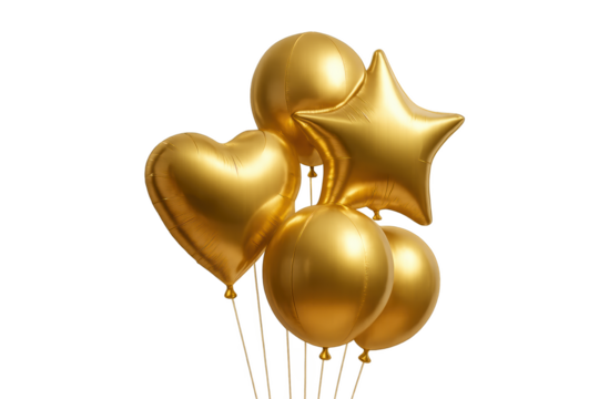 Gold metallic helium balloons heart star and round shapes isolated on white background