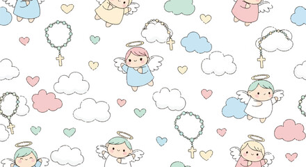 Seamless pattern featuring cute cartoon angels with halos, rosaries, clouds, and hearts on a white background.