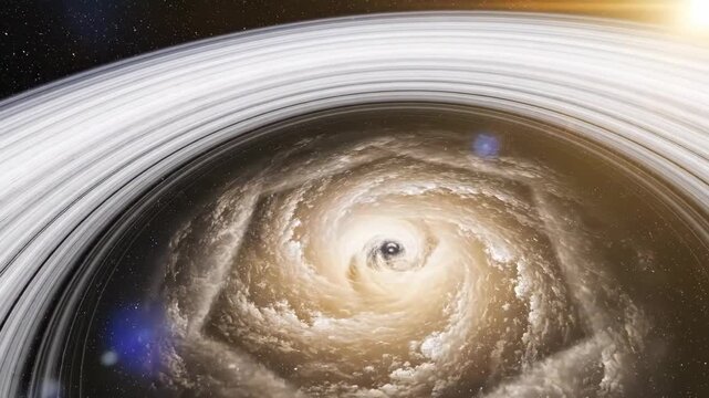Swirling vortex on a ringed planet, showcasing cosmic storms and planetary motion in space. Dynamic celestial phenomena for science and education.