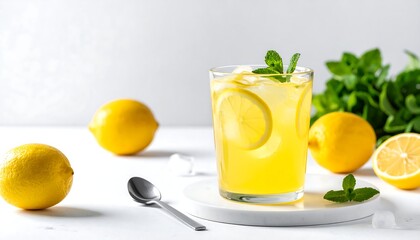 Refreshing yellow citrus beverage in a glass with ice and lemon slices, garnished with mint, alongside whole lemons and mint sprigs on a white surface
