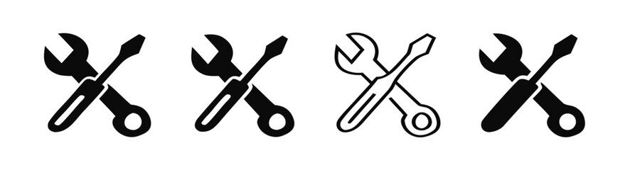 Vector art of collection of wrench and screwdriver icons in various styles, representing repair, maintenance, and technical work 

