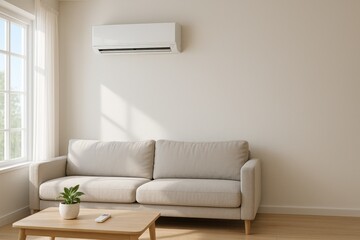 Modern wall mounted air conditioner cooling a bright living room with clean minimal style