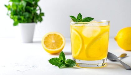 Fototapeta premium Refreshing yellow citrus beverage in a glass with ice and mint garnish