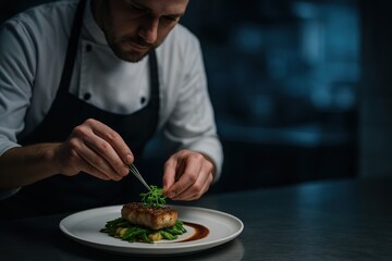 Chef finishing gourmet plate with microgreens in sleek stainless kitchen fine dining