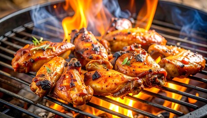 Grilled chicken wings on a barbecue, flames visible