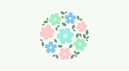 Pastel flowers and leaves arranged in a circular wreath flat illustration