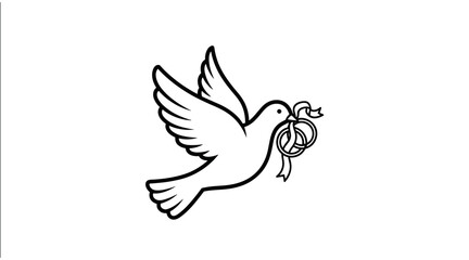 White dove flying holding two wedding rings with ribbon flat illustration