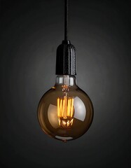 Smoked glass LED bulb, filament visible, hanging from black cord against dark background