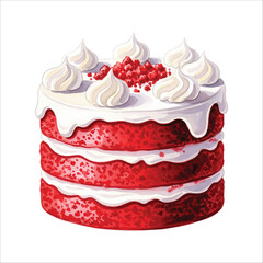Red Velvet Cake with Cream Cheese Frosting and Whipped Cream Topping on White Background – Layered Dessert Illustration
