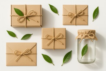 Eco friendly botanical packaging mockup with kraft paper boxes leaves and natural twine on white minimal background high detail soft daylight studio scene