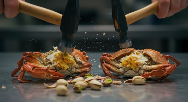Crabs being cracked with tools in kitchen