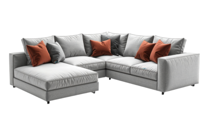 A modern, light gray sectional sofa with rust-colored accent pillows is showcased against a plain black background.